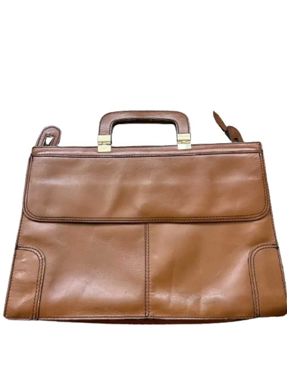 Vintage Tan Leather YKK Zip Front Flap Pocket Briefcase Document Laptop Bag